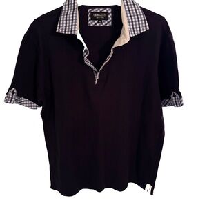 Giorgenti New York Women’s Custom Navy Blue Polo Shirt, Plaid Collar Cuffs Sz XL